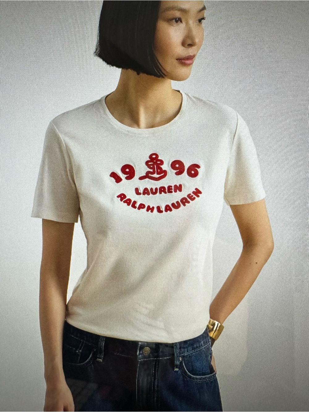 New with Tag! Lauren Ralph Lauren Cream Short Sleeve Tee with Red Applique Logo